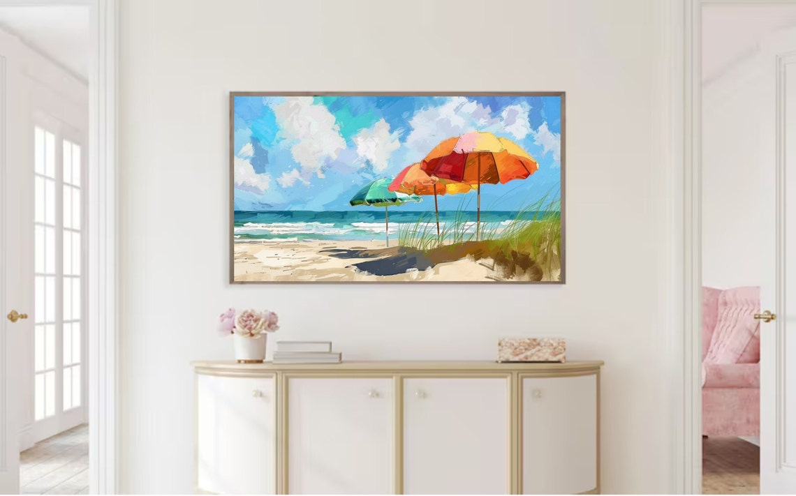 Vibrant Summer Beach Umbrellas Turquoise Sea Coastal Art Poster - Image 2