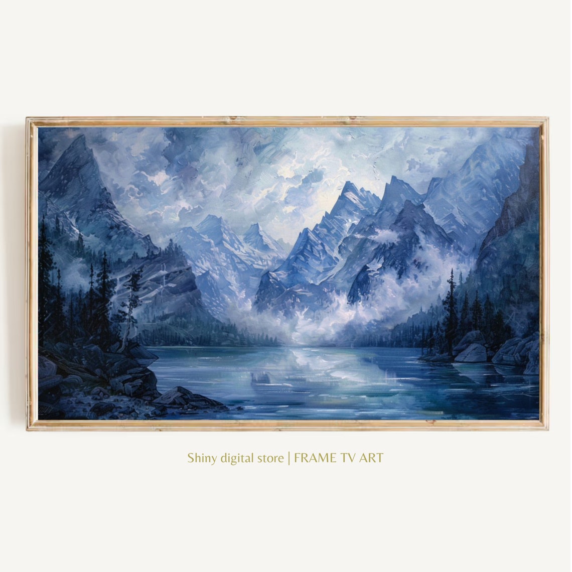 Misty Blue Mountain Lake Moonlit Peaks Moody Landscape Poster