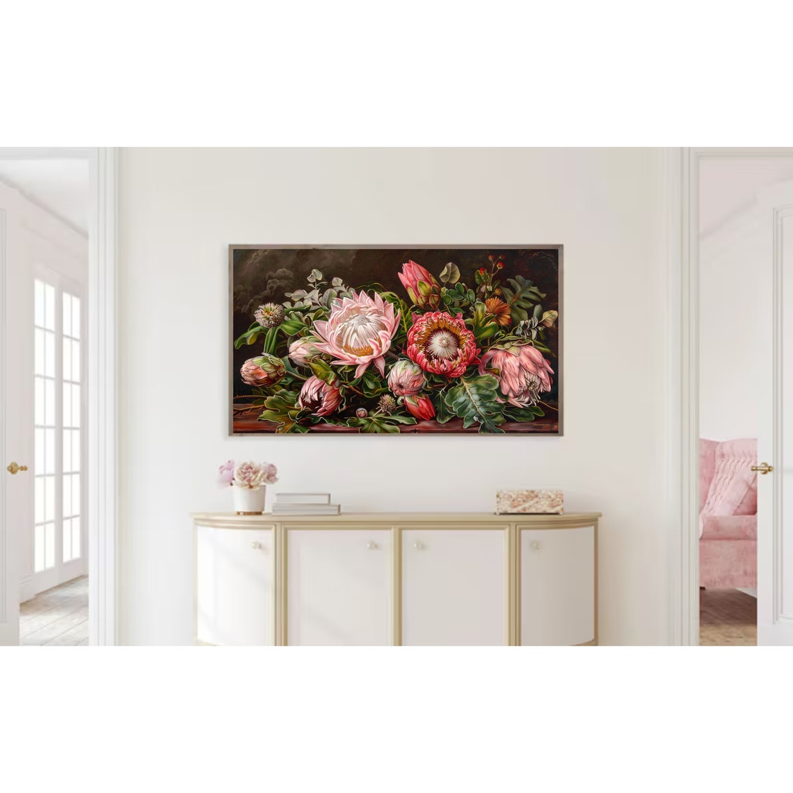 Protea Flowers Still Life Pink Red Blooms Dark Botanical Art Print - Image 3