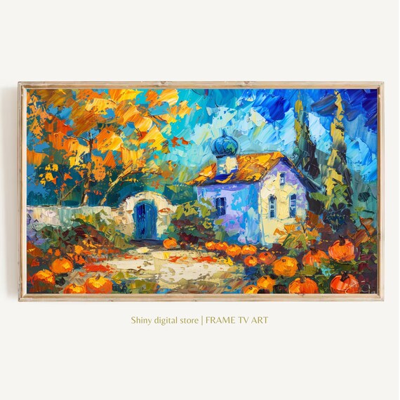 Autumn Cottage Pumpkins Orange Foliage Impasto Painting Poster