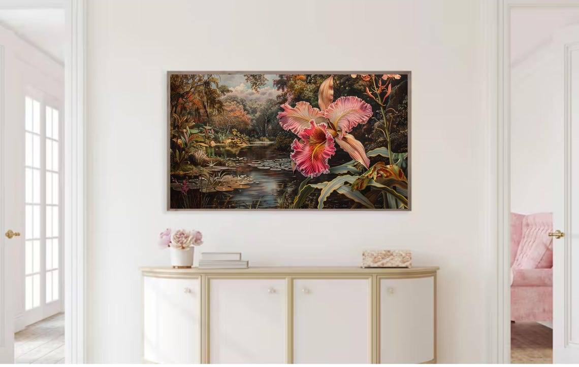 Pink Orchid Bloom Forest Pond Botanical Painting Sunset Wall Art - Image 2