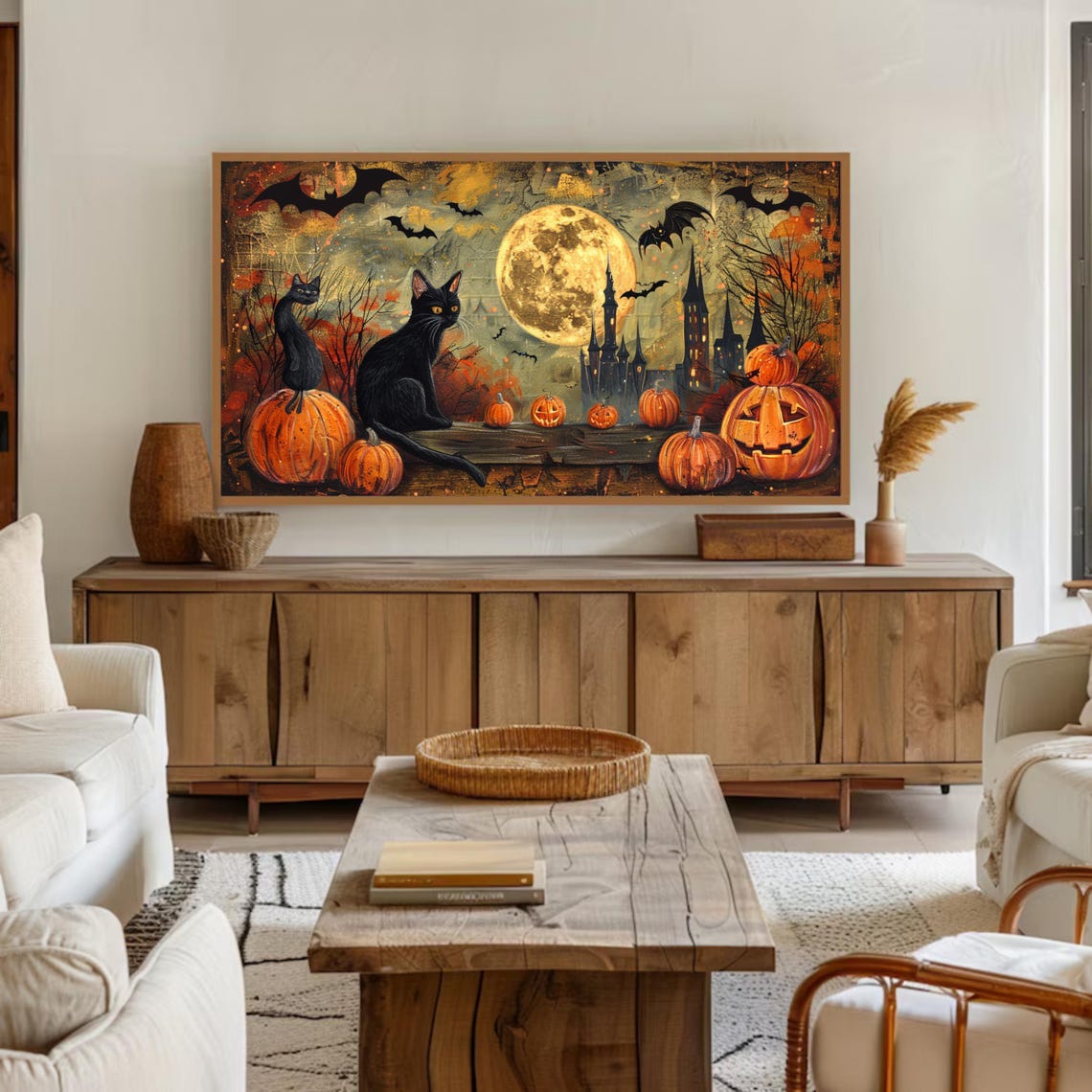 Retro Black Cats Pumpkins Bats Full Moon Halloween Card Style Wall Art - Image 2