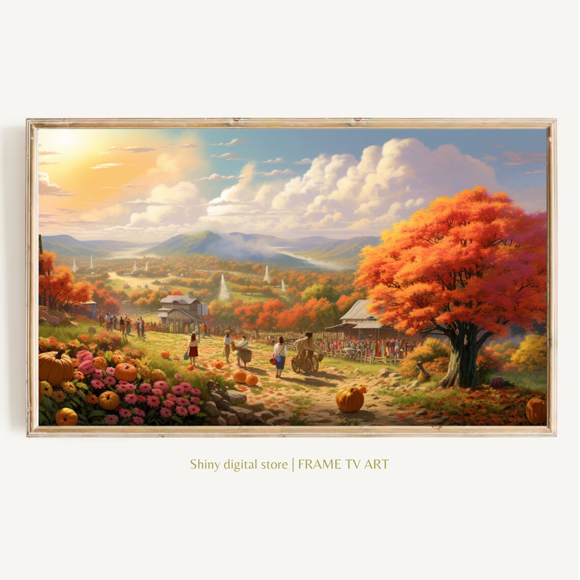 Autumn Harvest Festival Village Pumpkins Orange Maple Trees Poster