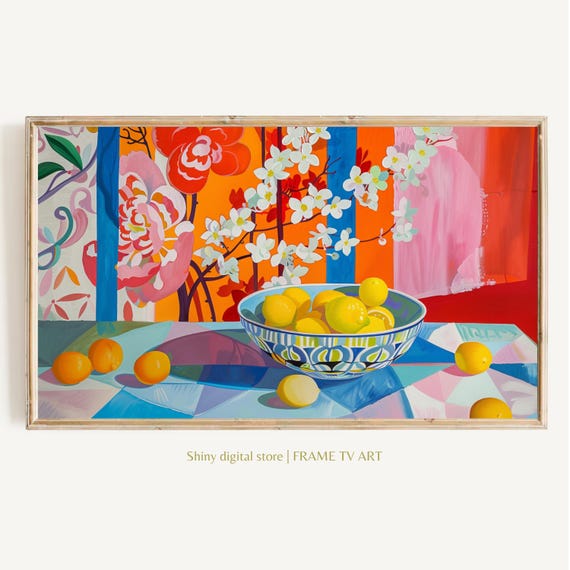 Vivid Frame Tv Art Colorful Still Life Vibrant Checkerboard Textured Oil Painting Maximalist Mid Century Modern Bold Flower Tv Picture