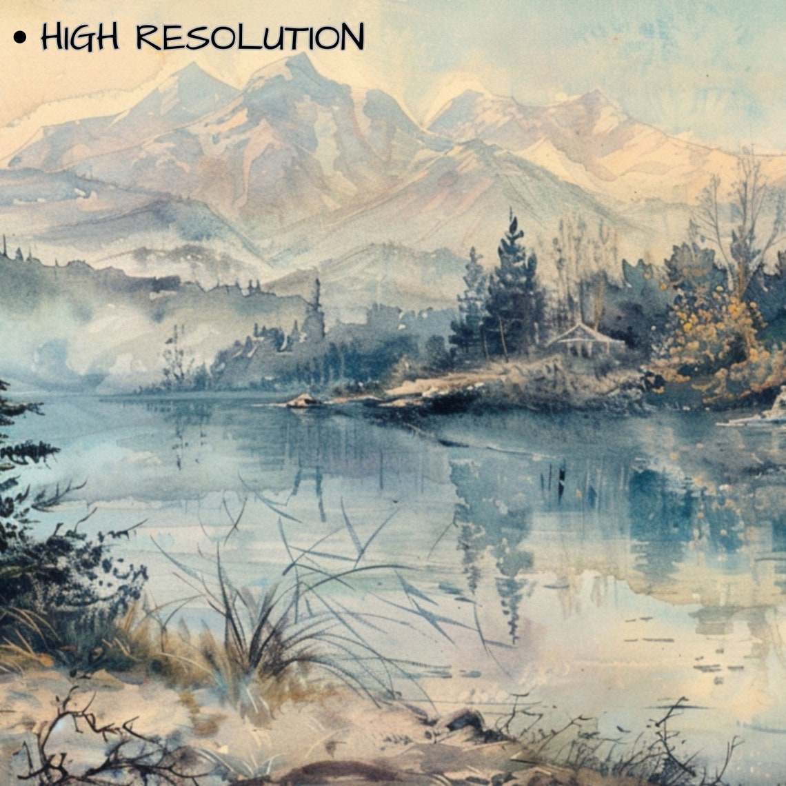 Muted Watercolor Mountain Lake Misty Peaks Antique Nature Poster - Image 3