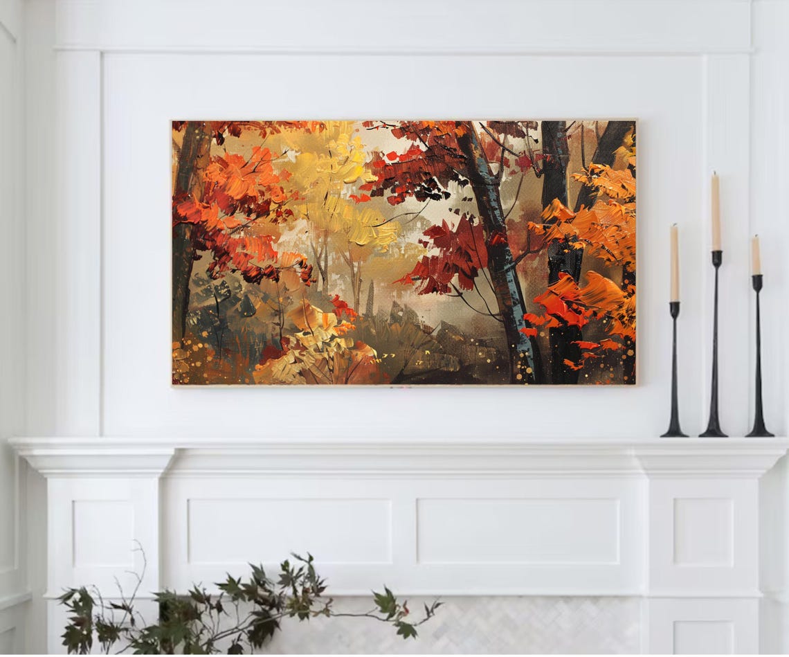 Autumn Birch Trees Red Orange Oil Painting Thick Impasto Fall Poster - Image 2