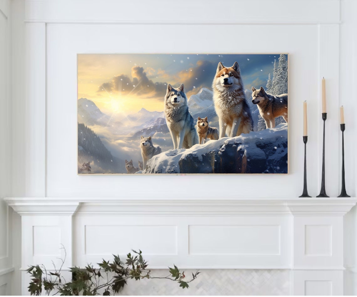 Wolf Pack Sunrise Snowy Cliff Mountain Winter Wildlife Art Poster - Image 2