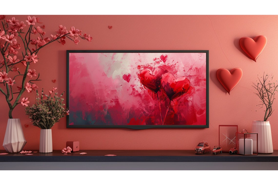 Red Hearts Abstract Painting Valentine Romantic Love Wall Art Print - Image 3