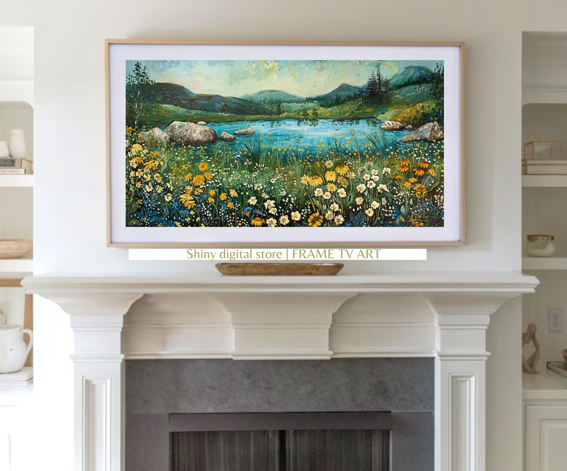 Summer Wildflower Meadow Blue Lake Mountain Landscape Oil Poster - Image 3