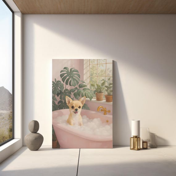 Funny Chihuahua Art In Bathtub Print Modern Pet Wall Decor Instant