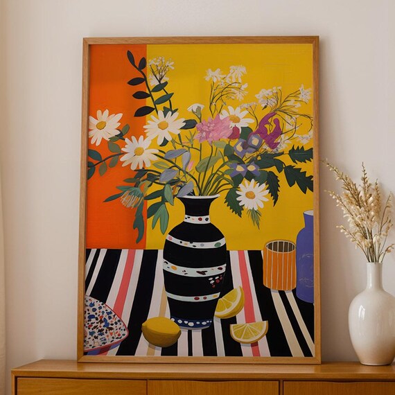 Floral Still Life Poster Striped Vase With Daisies Art Print Illustration In Yellow Orange Kitchen Drawing