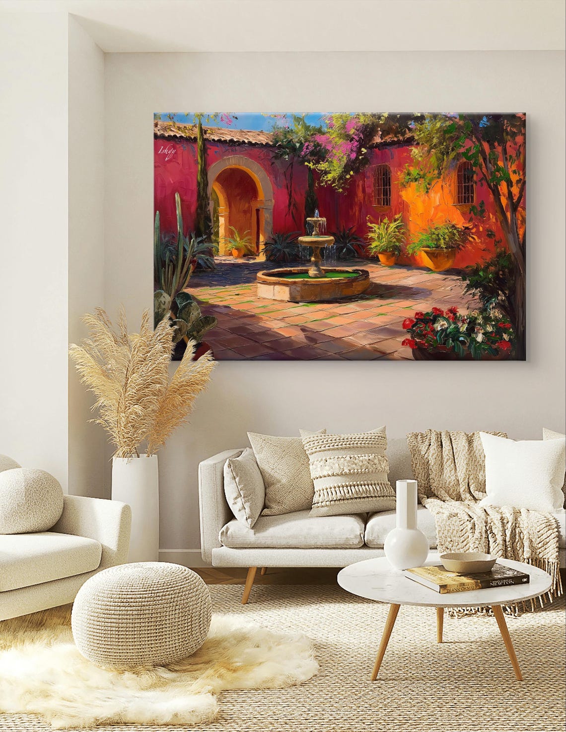 Mexican Courtyard with Fountain and Red Walls Painting Poster - Image 5