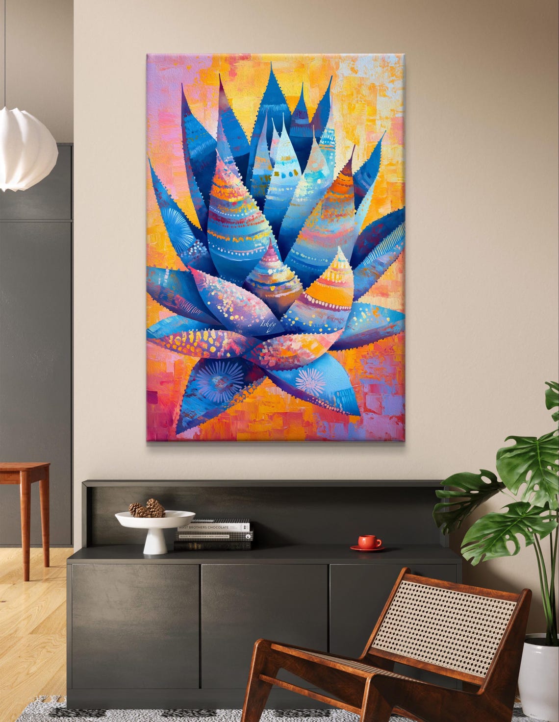 Decorative Blue Agave Colorful Folk Style Botanical Art Poster - Image 6