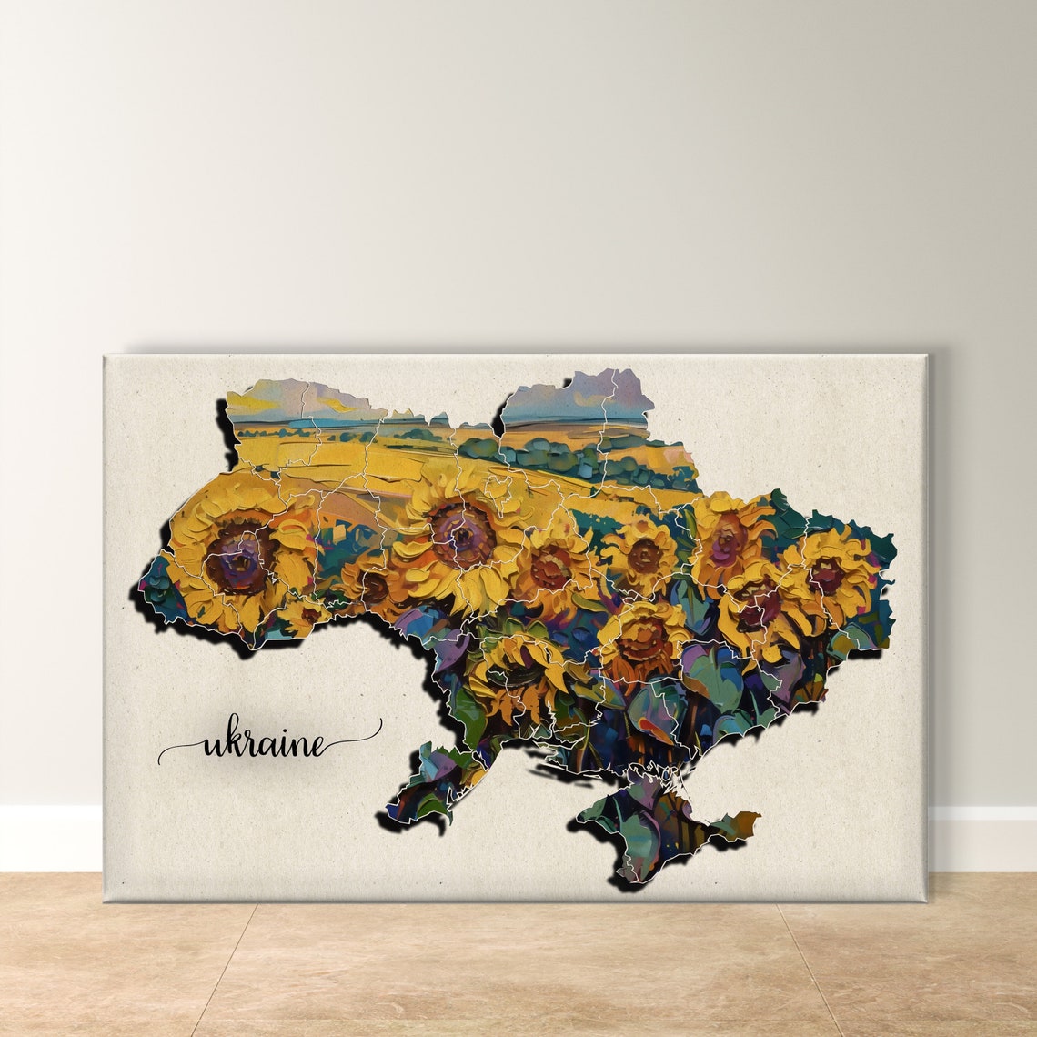 Ukraine Country Map Filled with Sunflower Painting Art Poster