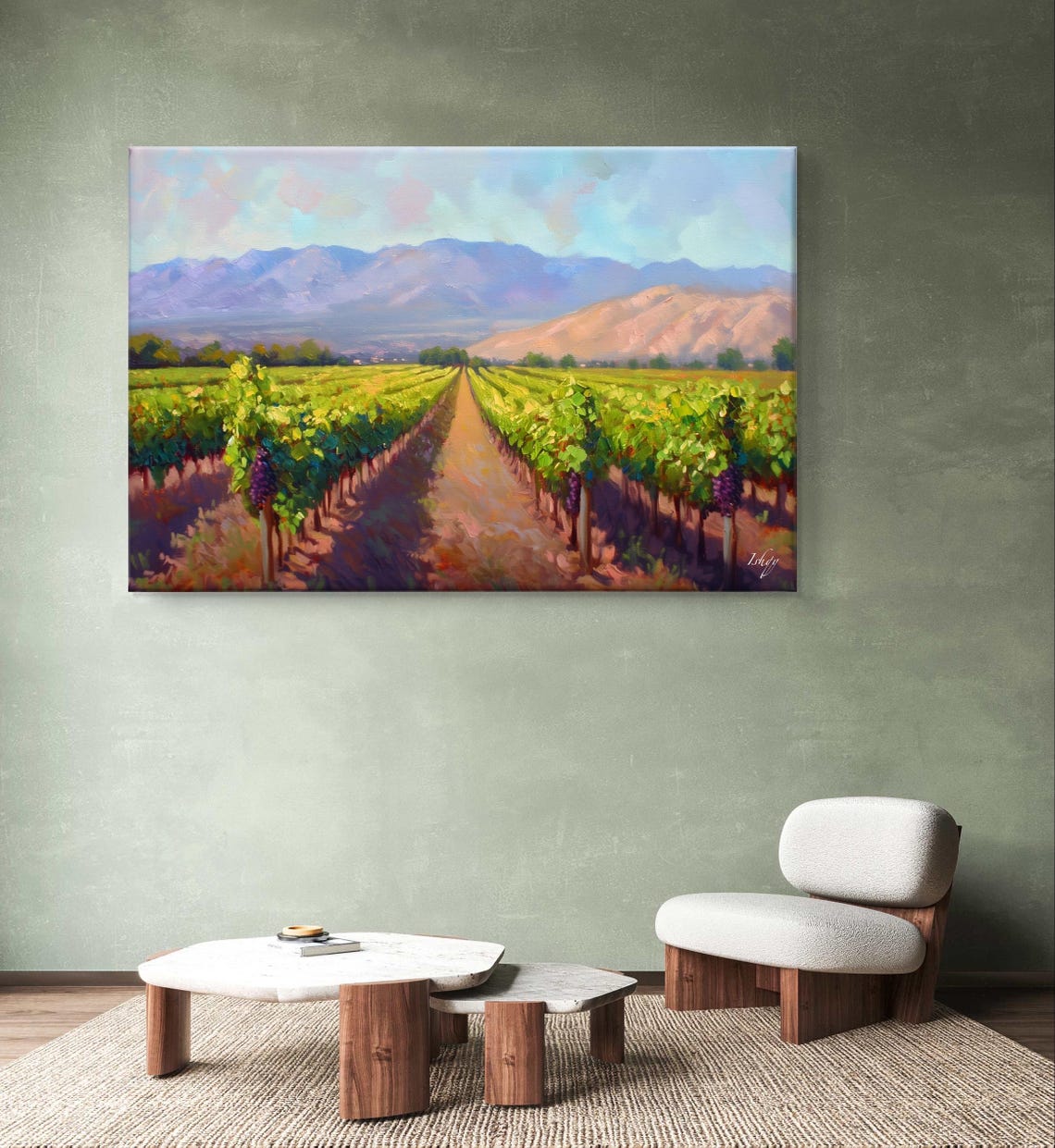 Vineyard Rows at Golden Hour with Mountain Backdrop Art Poster - Image 6