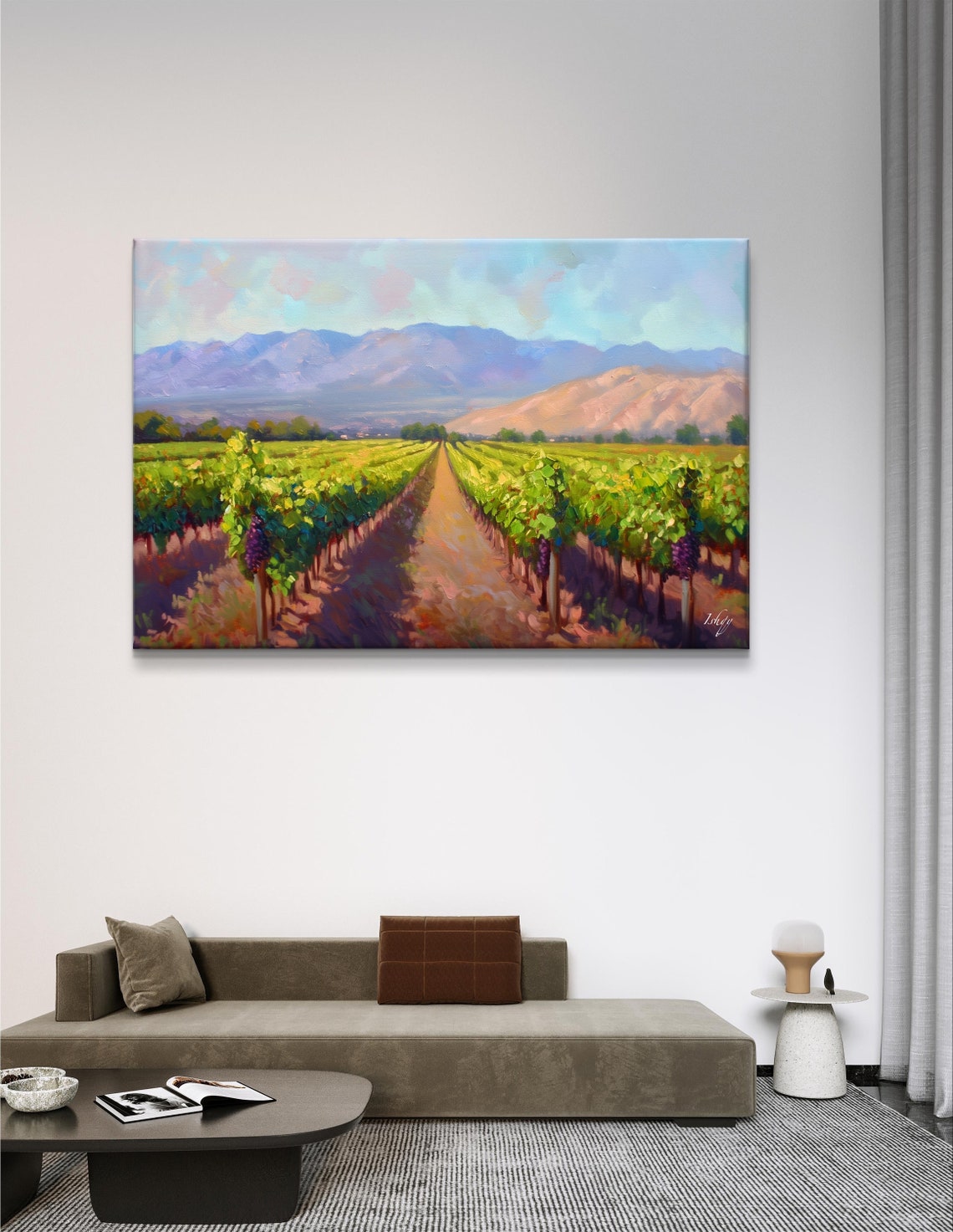 Vineyard Rows at Golden Hour with Mountain Backdrop Art Poster - Image 7