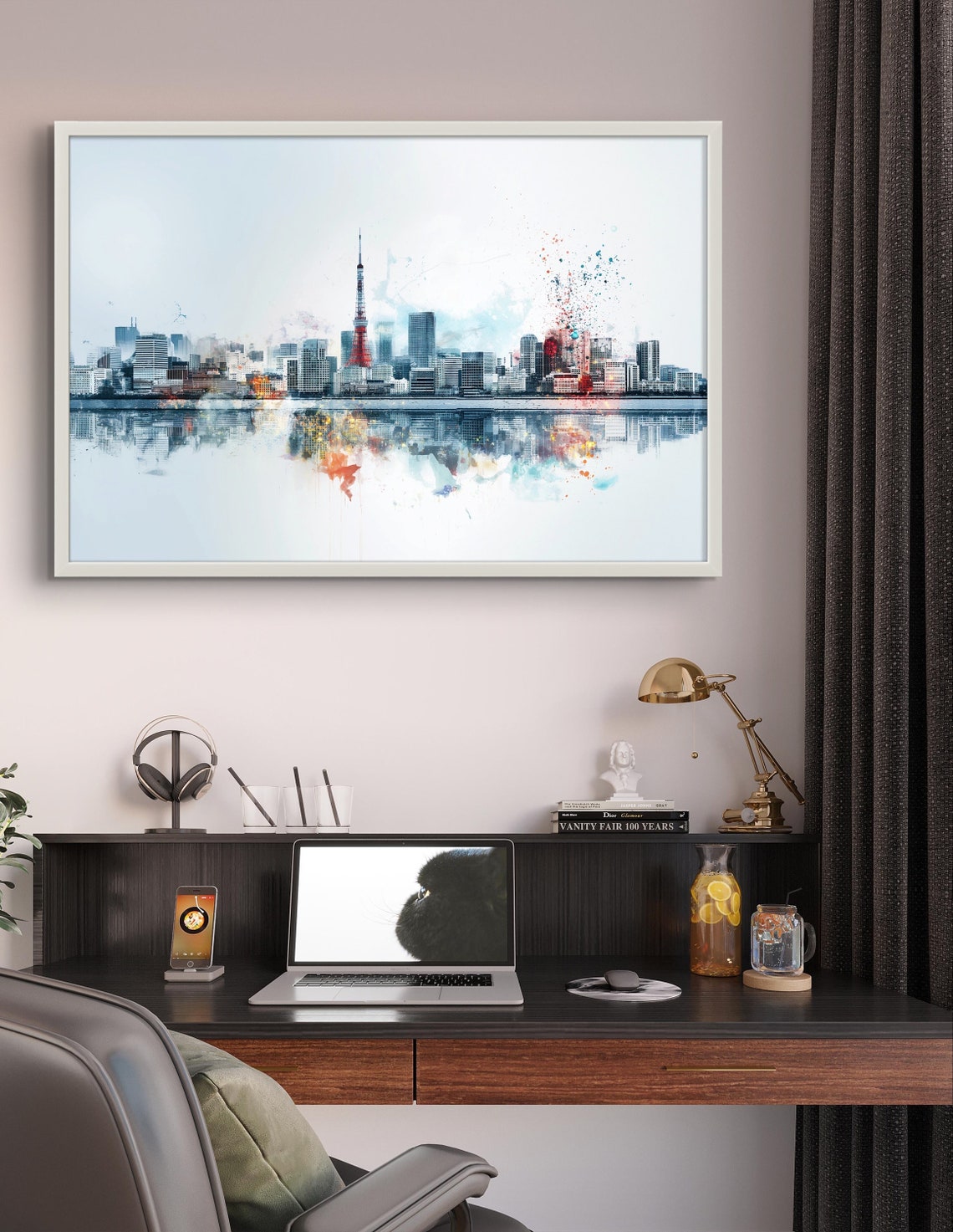 Tokyo Tower Skyline Watercolor Reflection Modern Cityscape Art Poster - Image 3