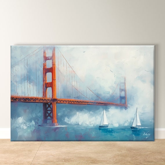 Golden Gate Bridge Art San Francisco Coastal Wall Decor Foggy Seascape Print Nautical Home Art Bay Area Landmark Painting Print