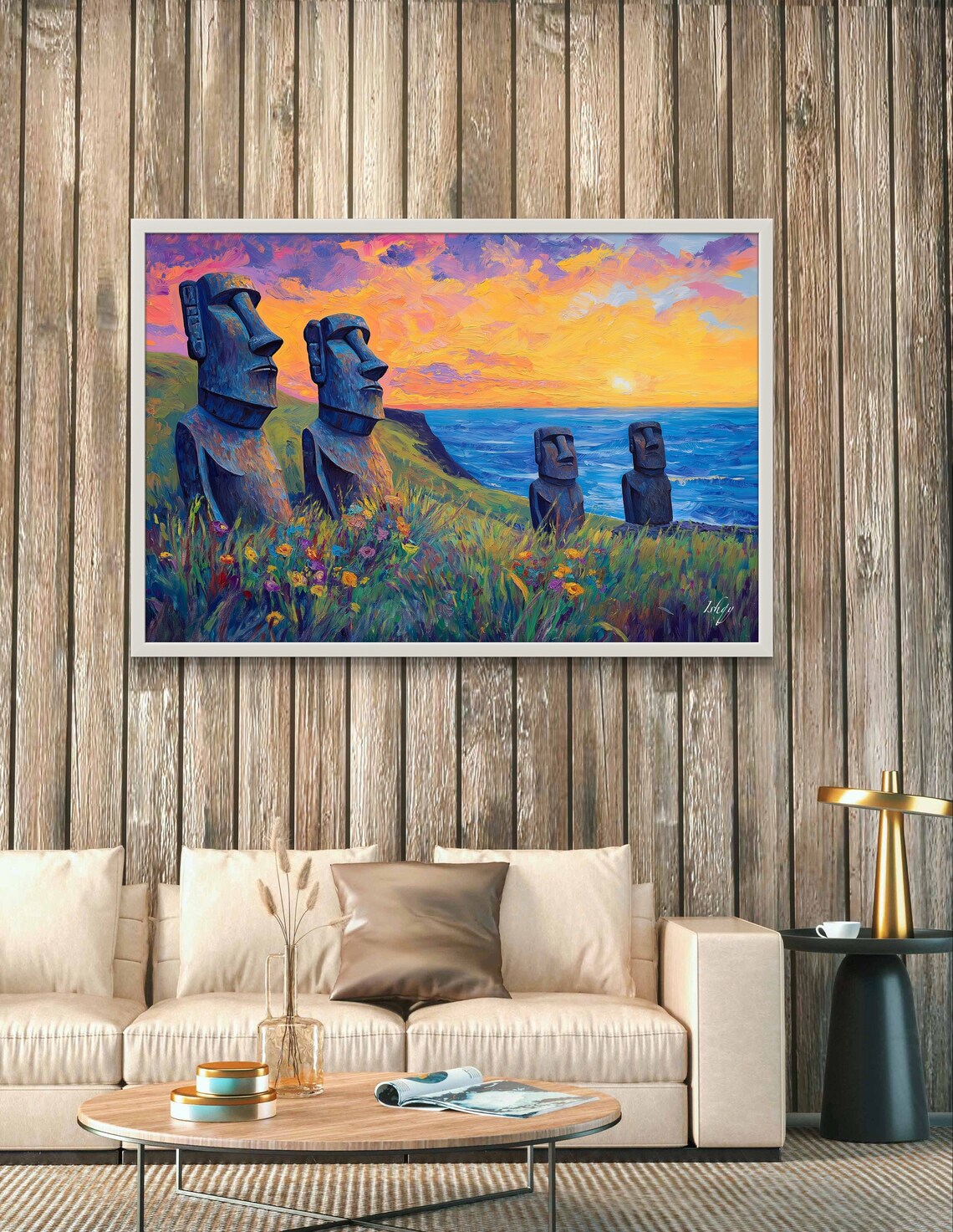 Easter Island Moai Statues at Sunset Over Ocean and Wildflowers Poster - Image 3