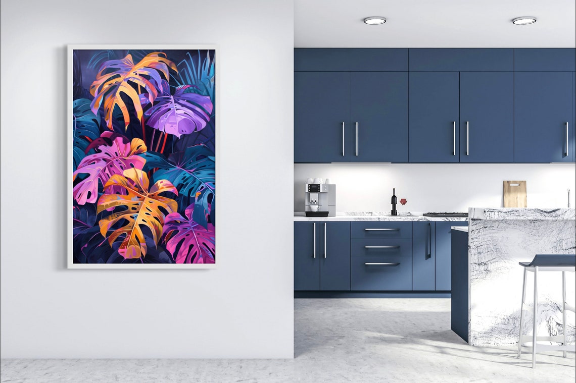 Neon Tropical Monstera Leaves on Dark Navy Background Art Poster - Image 3