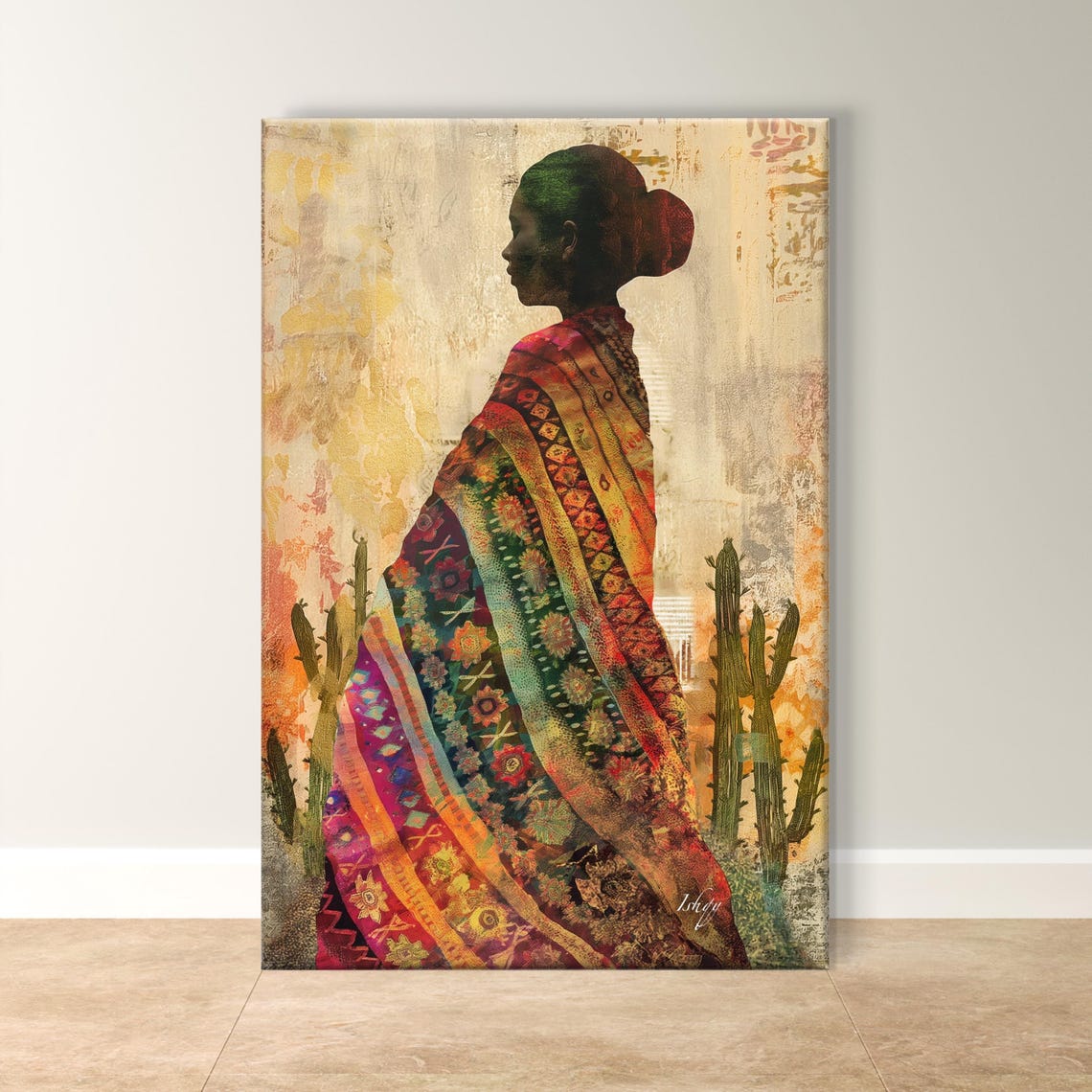 Mexican Woman in Profile with Embroidered Serape and Cacti Poster
