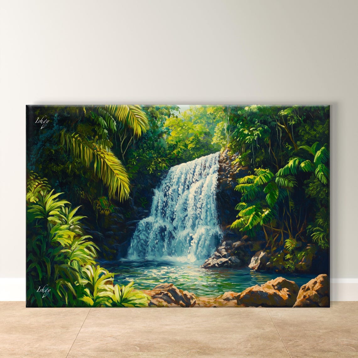 La Mina Waterfall Sunlit Cascade in Tropical Forest Art Poster