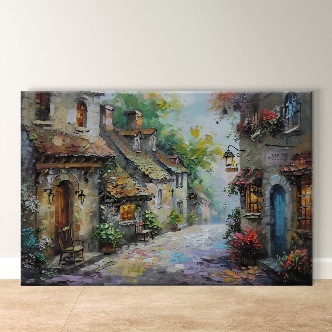 European Village Cobblestone Street with Lanterns Art Poster