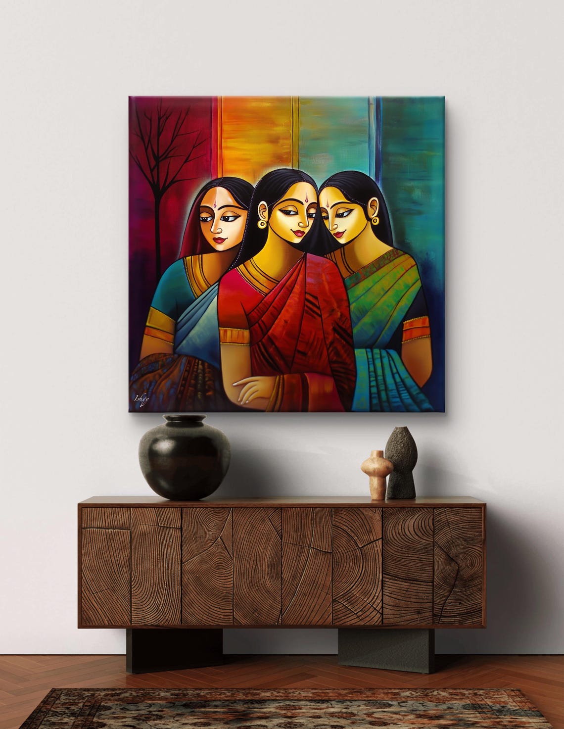 Three Women in Sarees Bold Abstract Portrait Modern Art Poster - Image 4