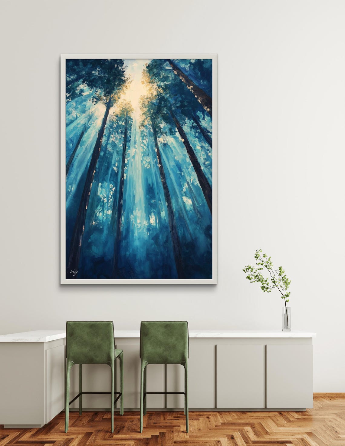 Forest Dawn Sunbeams Blue Pine Trees Magical Golden Light Poster - Image 4