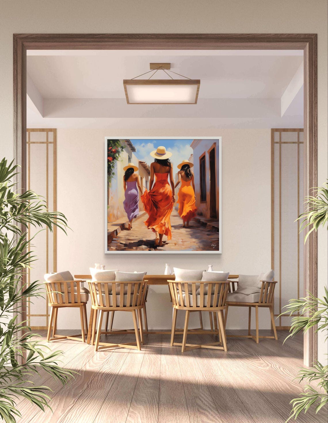 Three Women in Colorful Dresses Walking Sunny Old Town Poster - Image 3