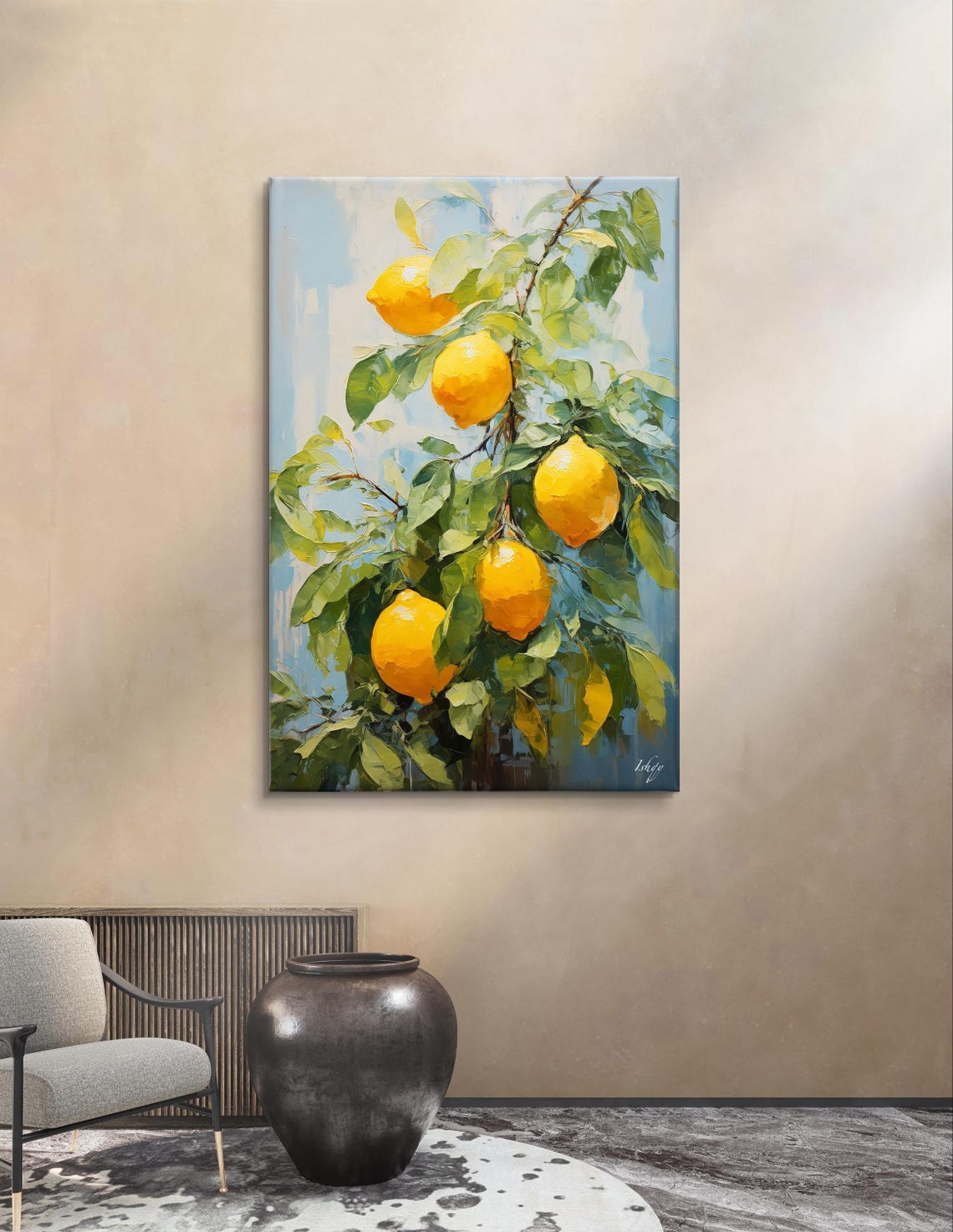 Ripe Lemon Branch Oil Painting with Fresh Green Leaves Poster - Image 3