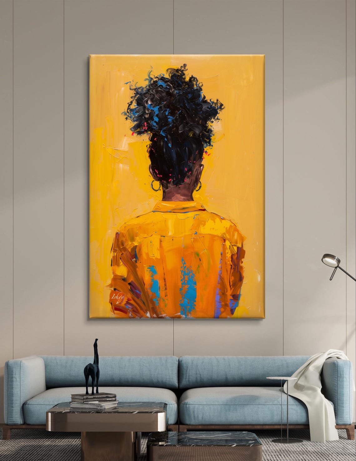 Afro Girl with High Puff Hairstyle on Golden Yellow Art Poster - Image 5