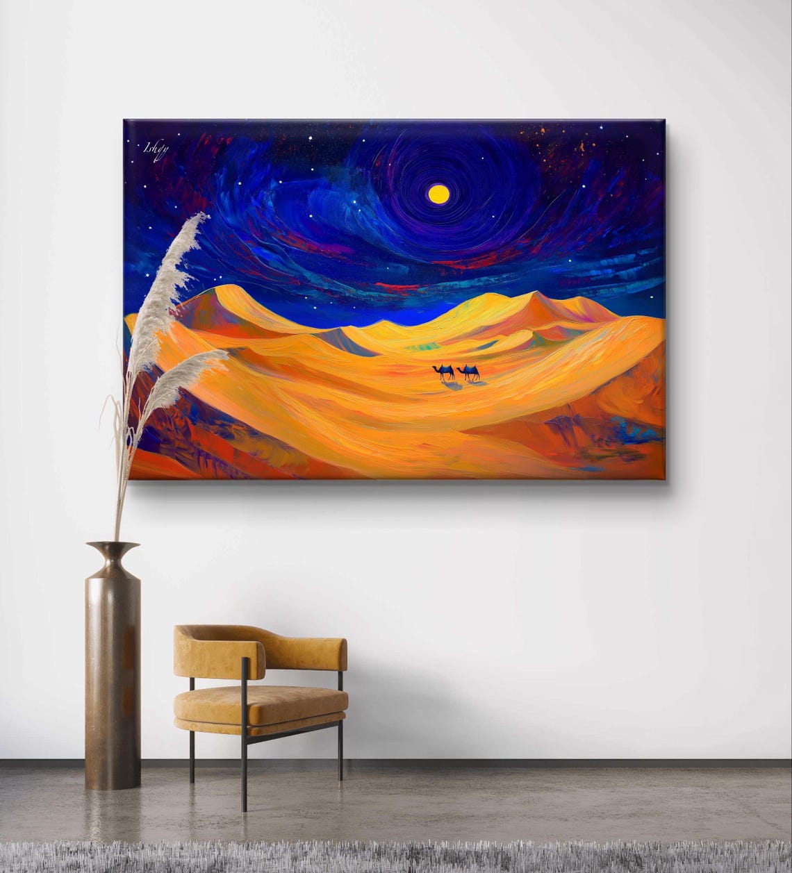 Desert Night Golden Dunes Camel Caravan Under Swirling Moon Sky Poster - Image 4