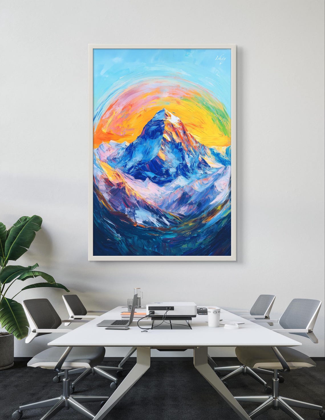 Snow Capped Mountain Peak Fiery Sunset Swirl Expressive Poster - Image 3