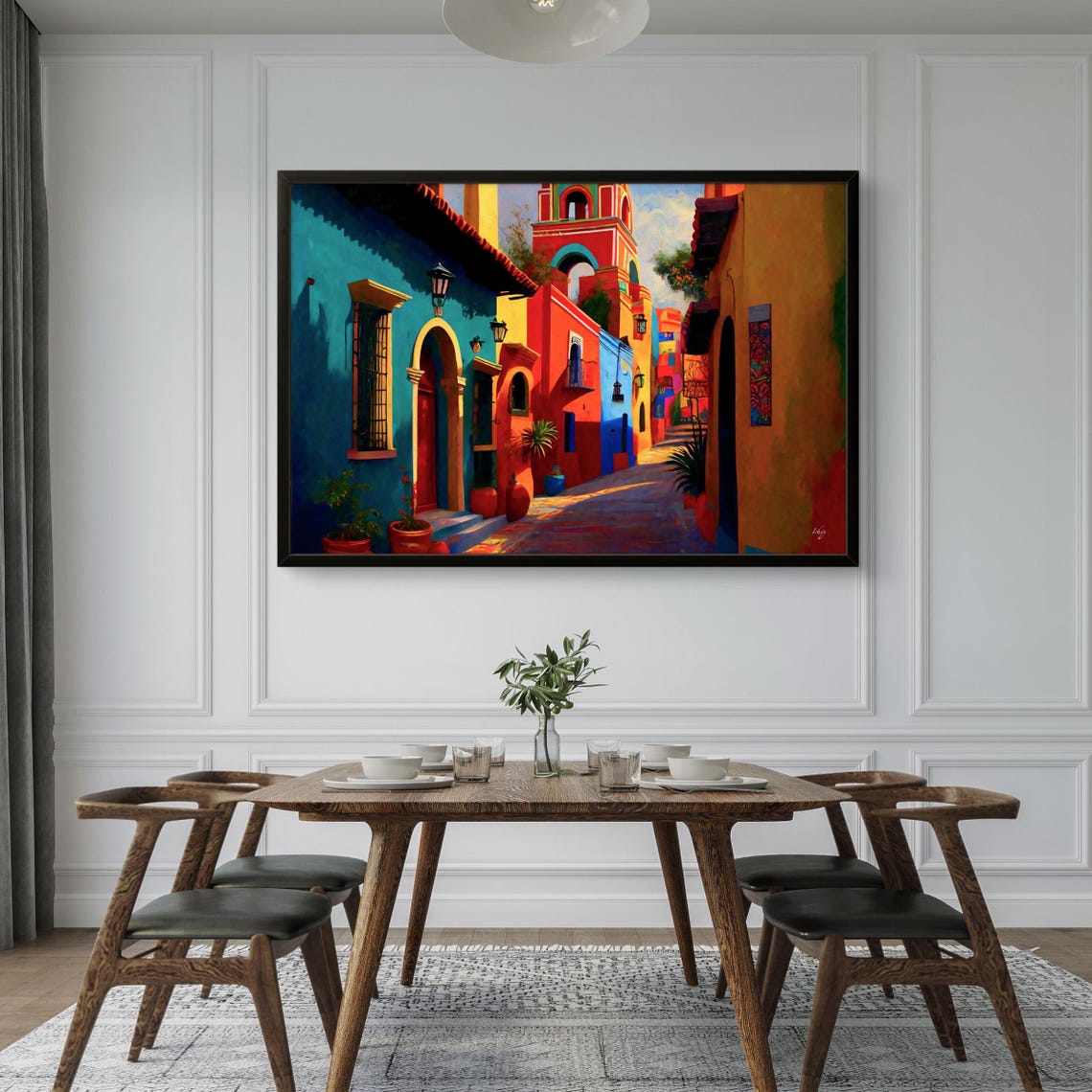 Sunlit Mexican Colonial Street With Red Bell Tower Village Poster - Image 3