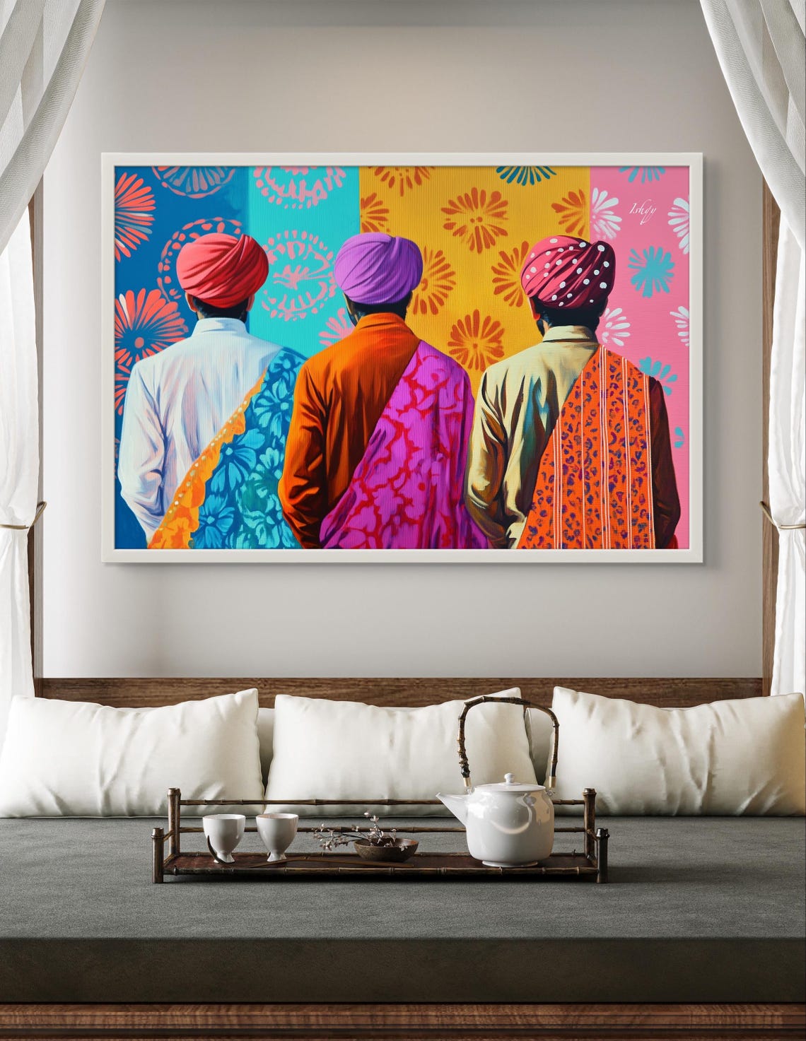 Three Indian Men Colorful Turbans Pop Art Festival Portrait Poster - Image 3