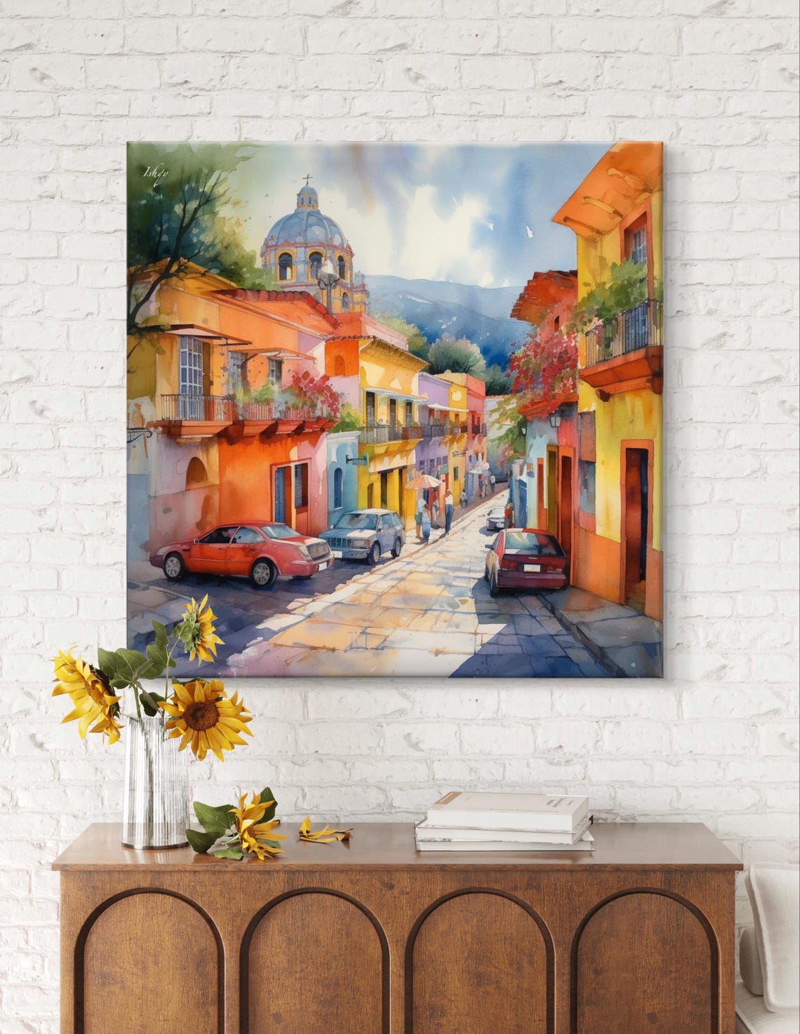 Jalisco Mexico Colorful Street with Church Dome Watercolor Poster - Image 7