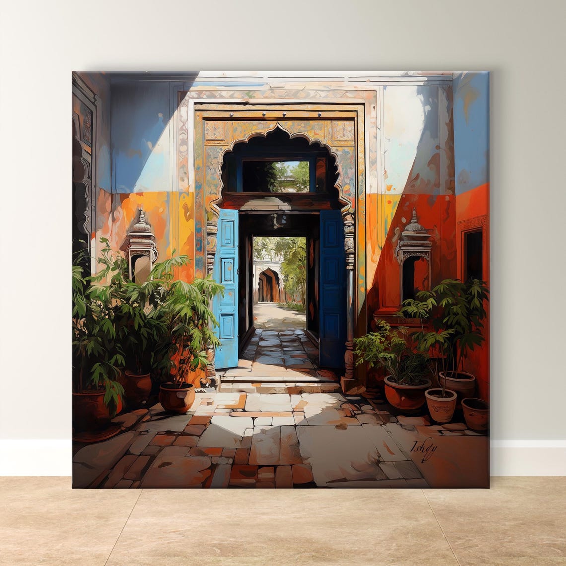 Indian Haveli Courtyard with Blue Doors and Archway Art Poster