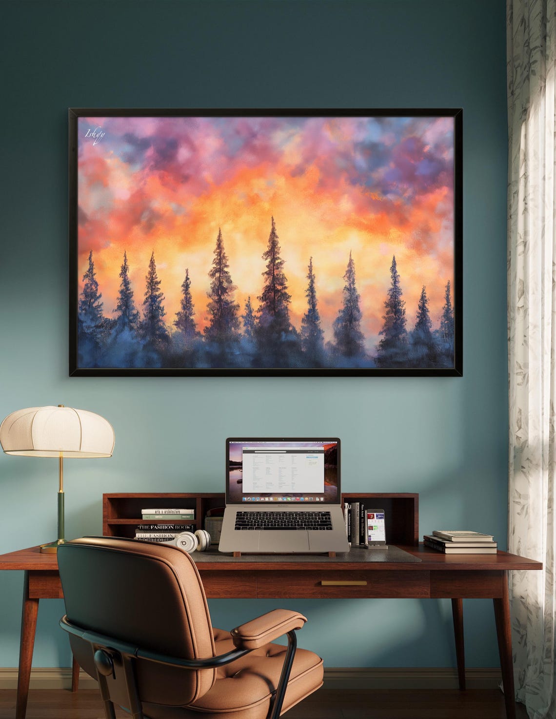 Sunset Pine Forest Fiery Orange Sky Silhouette Landscape Poster - Image 2