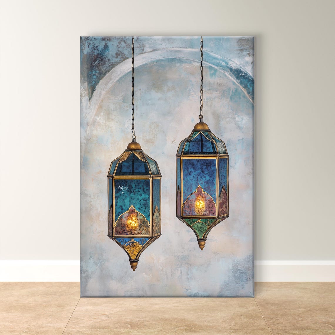 Two Moroccan Stained Glass Lanterns Hanging Still Life Painting Poster