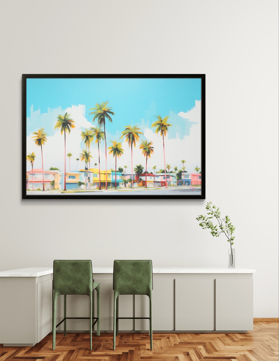 Miami Palm Trees and Pastel Art Deco Buildings Sunny Street Poster - Image 2