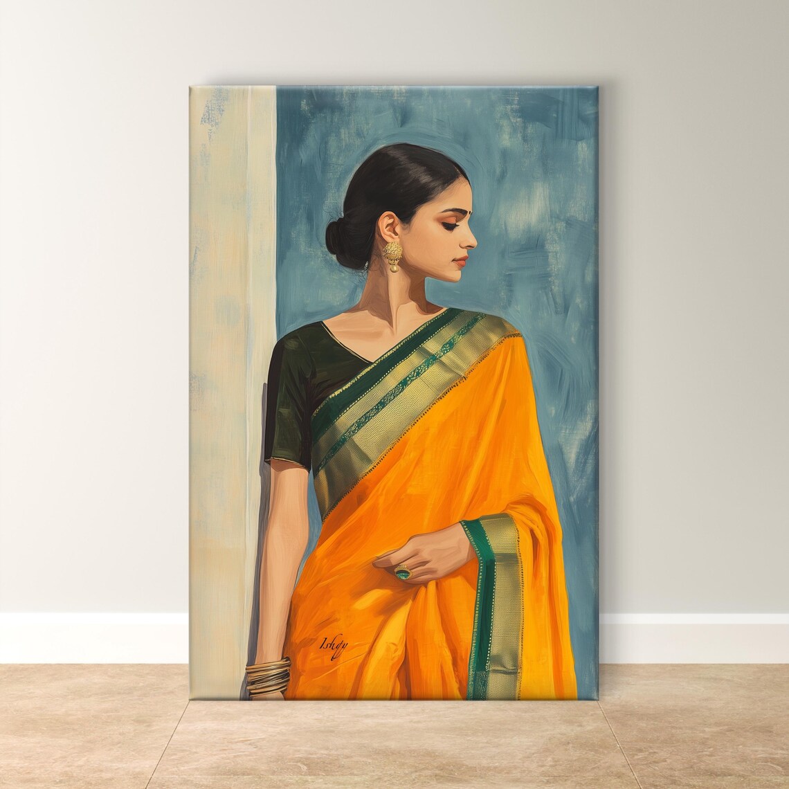 Elegant Indian Woman in Orange Saree Cultural Portrait Painting Poster