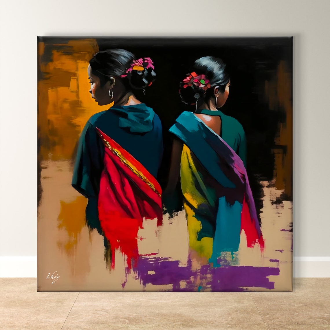 Two Women in Colorful Saris Walking Away in a Painting Poster