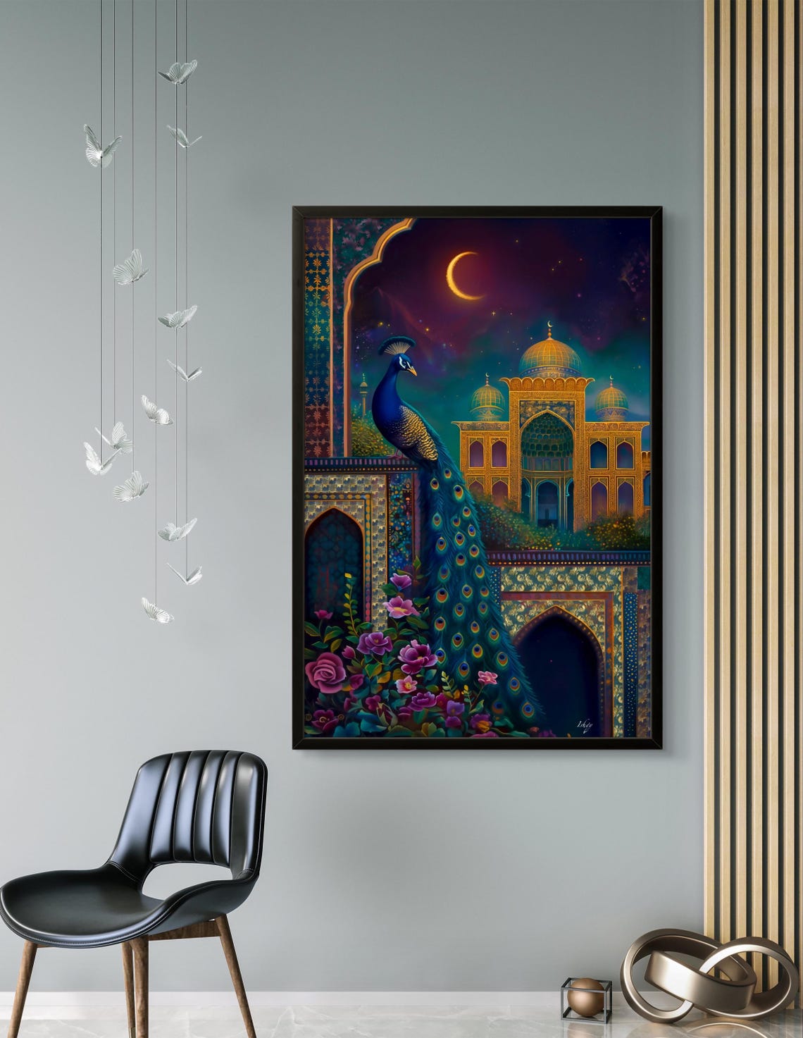 Peacock on Moonlit Indian Palace Crescent Night Royal Poster - Image 2