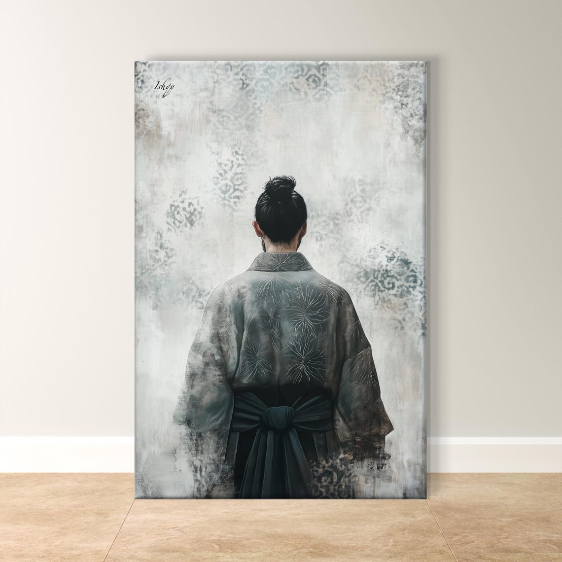 Woman in Gray Kimono Minimalist Zen Japanese Back Portrait Poster