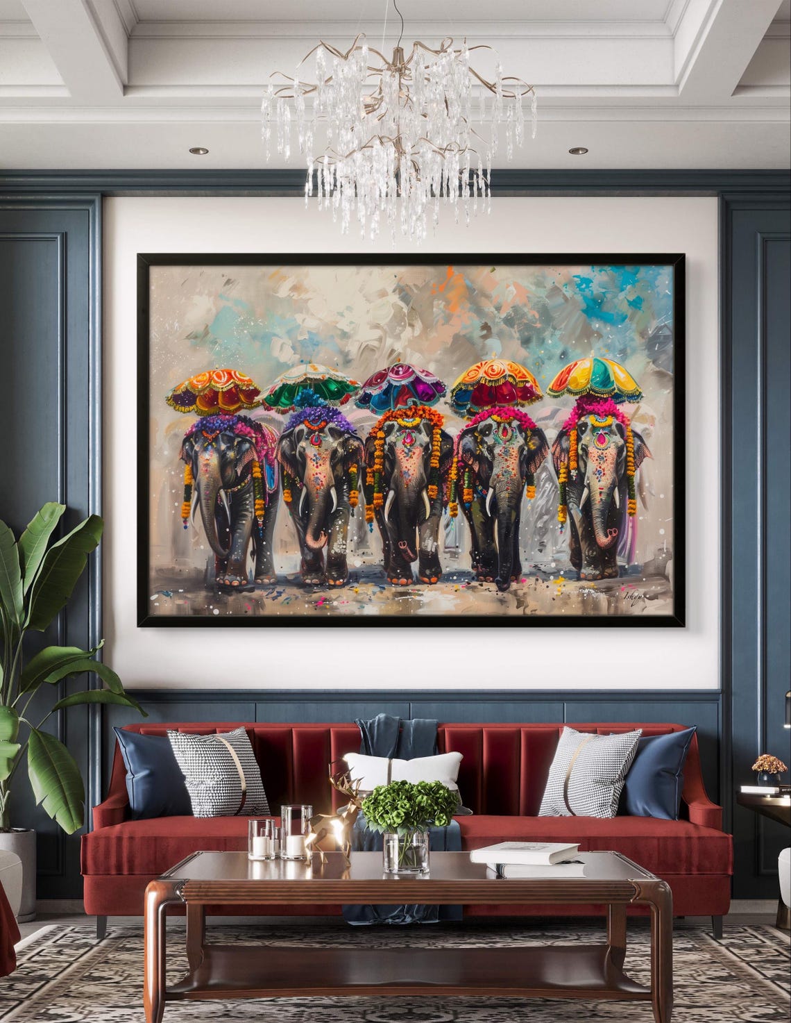 Five Decorated Indian Festival Elephants Parasols Parade Art Poster - Image 2