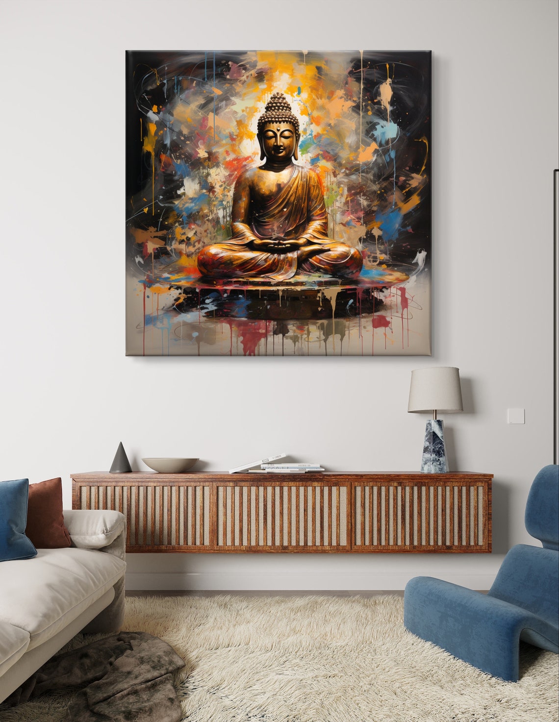 Golden Meditating Buddha Amid Vibrant Paint Splashes Spiritual Poster - Image 6