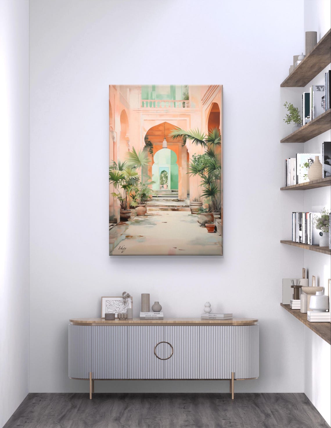 Peach Courtyard with Arched Corridor and Palm Plants Art Poster - Image 5