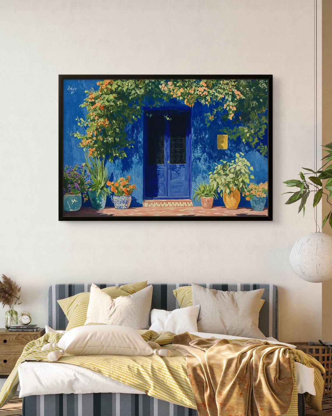 Cobalt Blue Moroccan Doorway Framed by Flowers Painting Poster - Image 2