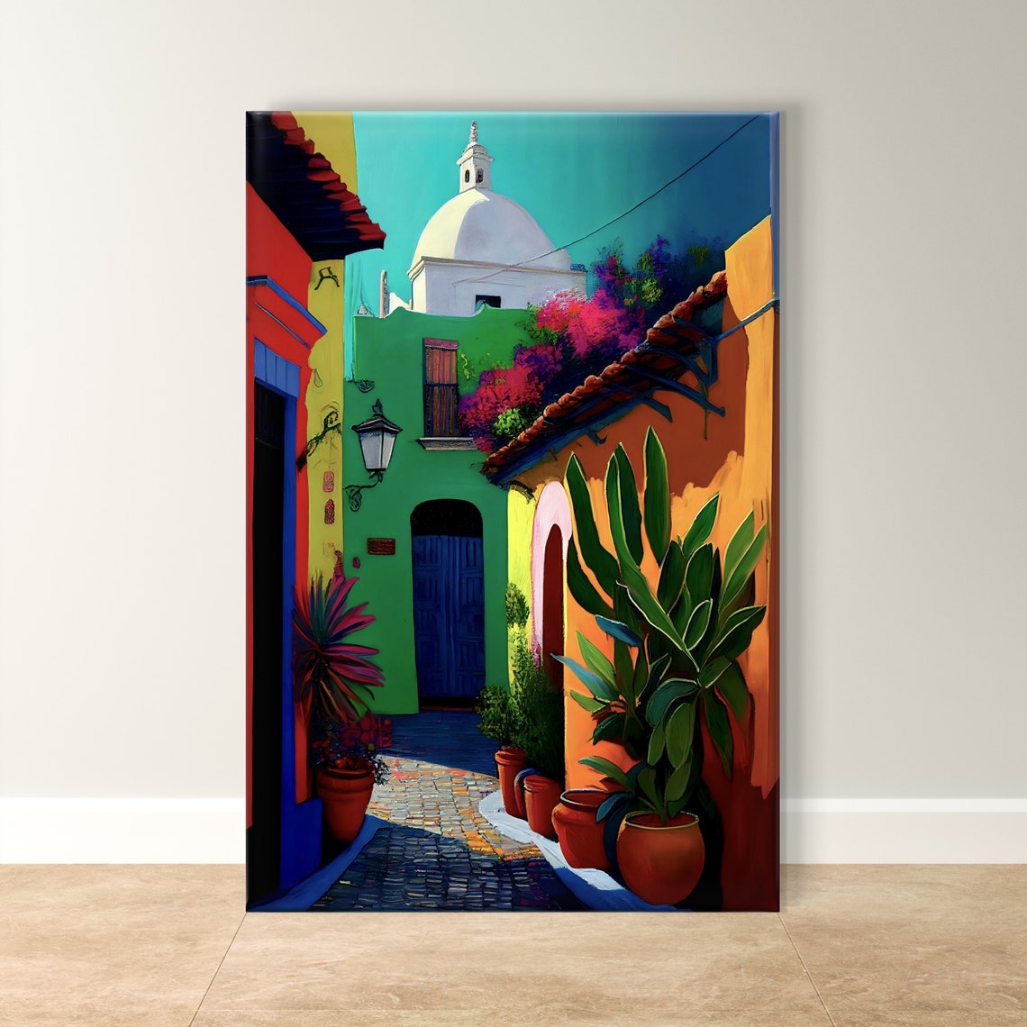 Colorful Mexican Alleyway With White Church Dome Travel Poster